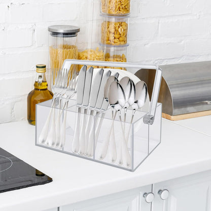 Acrylic Utensil Holder & Silverware Organizer,Space-Saving Heavy-Duty Cutlery Caddy for Spoons,Forks,Knives,Napkins Kitchen Countertop,able,Buffet,Picnic Party (Indoor Outdoor Use)