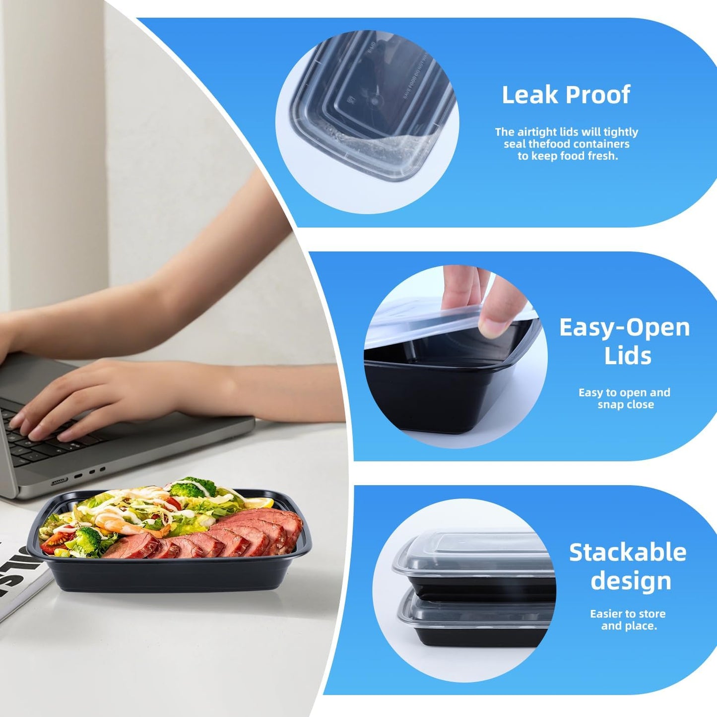 50 Pack (100-Piece) 28oz Meal Prep Containers, 50 Pack (100-Piece) Rectangle,BPA-Free, Food Safe & Leakproof Reusable Plastic Food Storage – Microwave Safe, Stackable Takeout Boxes
