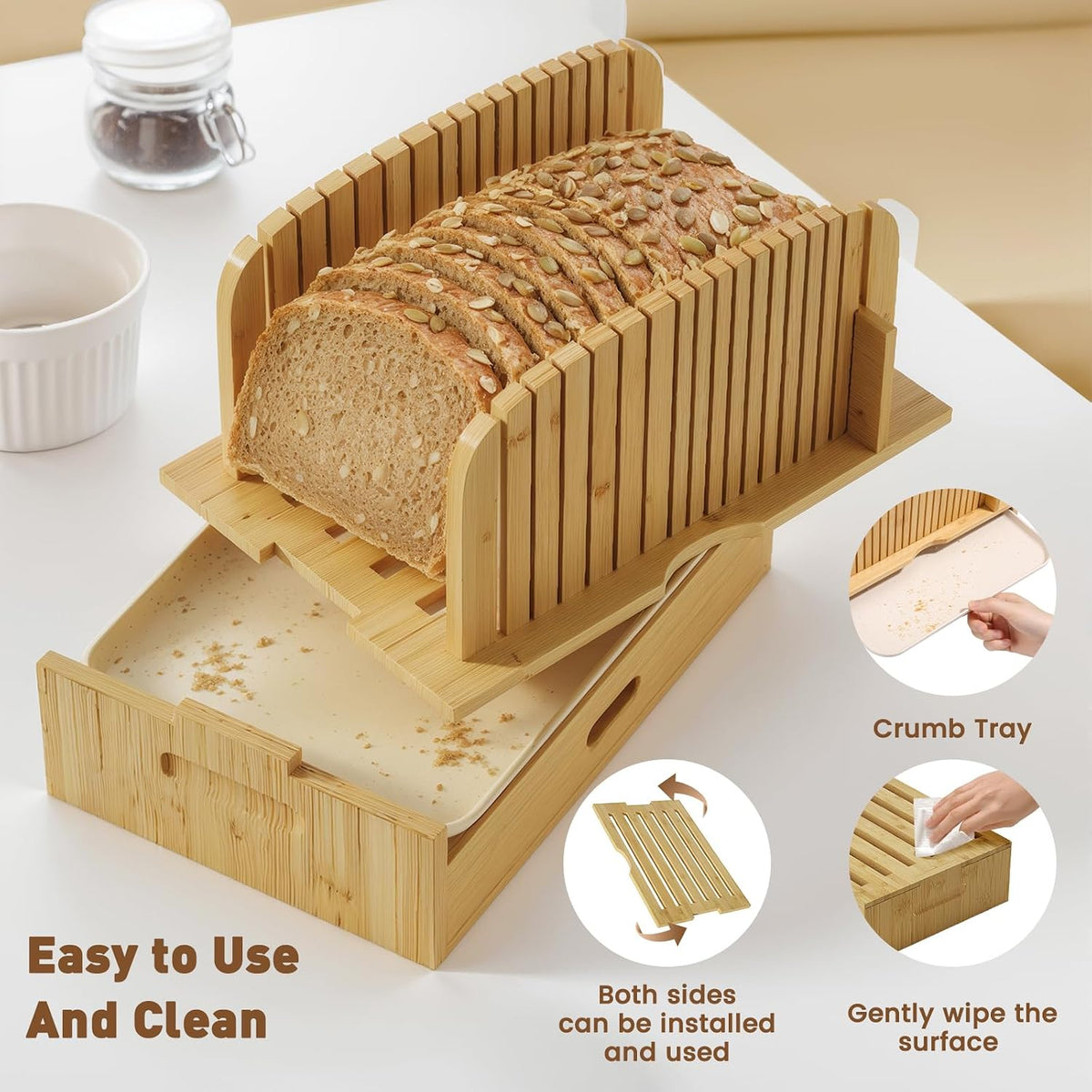 Bamboo Bread Slicer for Homemade Bread Adjustable Width Slicing Guides, Compact Loaf Cutter for Perfect Slices
