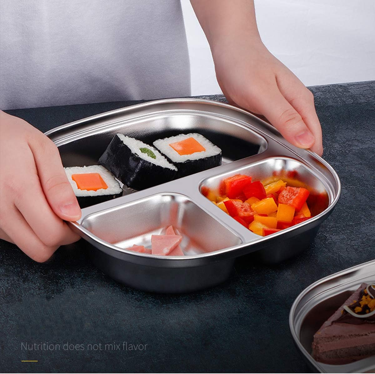 Set of 2 Stainless Steel Rectangular Divided Plates Tray 5 Sections Dinner Plates for Adults - Unbreakable Metal Plate for Campers, and Portion Control Reusable Plate