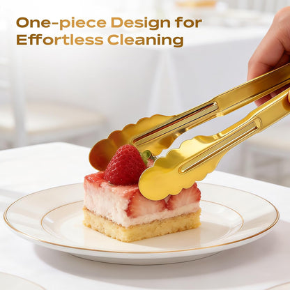 Stainless Steel Serving Tongs, 9 Inch Gold Salad Tongs Serving Utensils Buffet Tongs Gold Plated Heavy Duty Reusable Metal Kitchen Clips for Salad, Snack, Barbecue, Catering, Wedding, Party