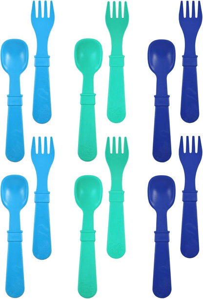 Re-Play Toddler Forks and Spoons Set - 6x6 Utensils Set for Kids - Dishwasher and Microwave Safe - Made in USA - Set of 12-5.8" x 1.2" x 0.2" - Sorbet