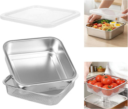 Stainless Steel Colander Set, Square Strainer with Lid for Draining Vegetable Washing Rice, 2 in 1 Strainer Bowl & Food Storage Container Food Preparation Box Bowl (1500ml)