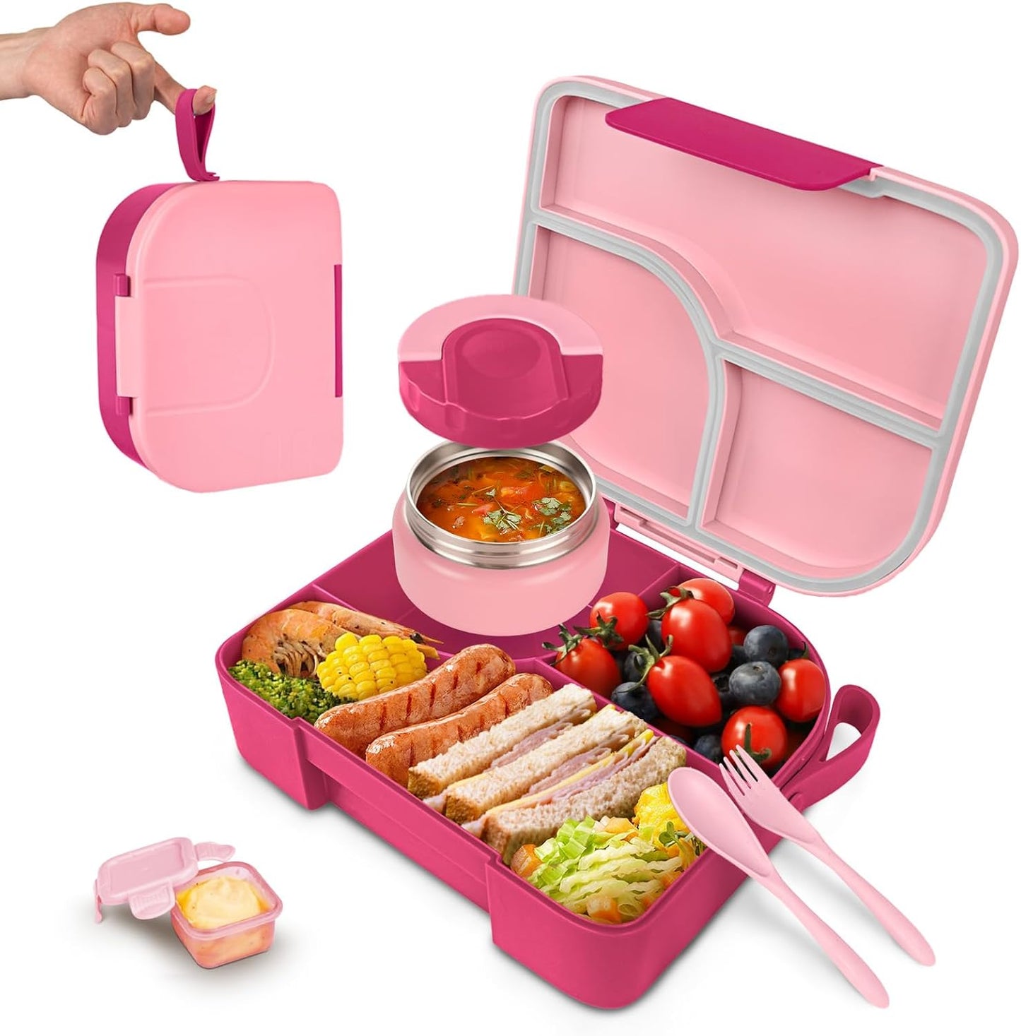 TinyPalsa Bento Box for Kids with 10oz Insulated Food Jar, Leak-Proof Kids Lunch Box with Thermal Food Container, 3 Compartments, Portable Handle, Dishwasher Safe, Ideal for School & Travel (Black)
