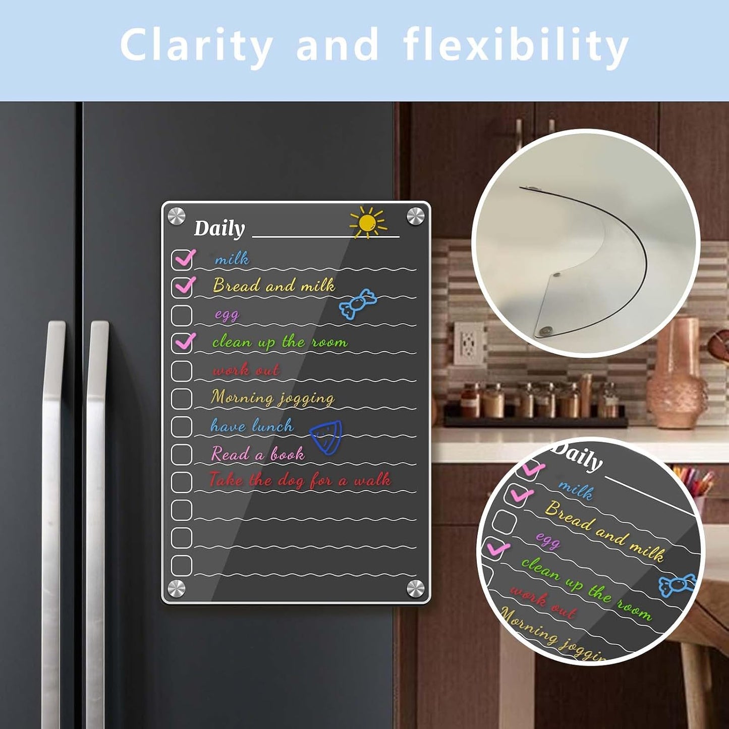 4Pcs Fridge Calendar Set, Clear Magnetic Dry Erase Daily, Weekly, Monthly Planners & Menu Board, w/ 2 Packs of 8 Markers