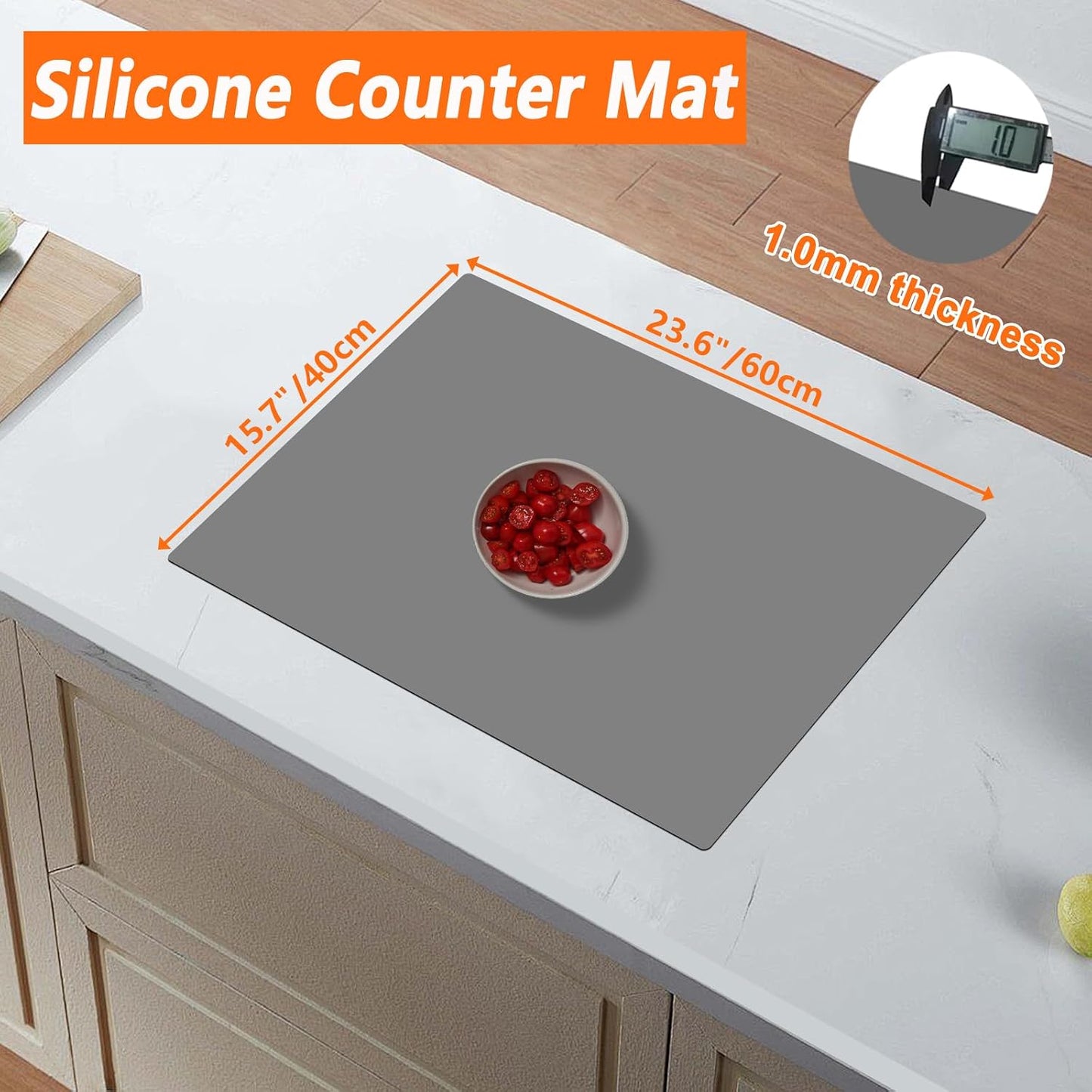 72''x16'' Extra Large Silicone Mat for Kitchen Counter, Heat Resistant Countertop Protector, Non-Slip Waterproof Kitchen Island Mat, Easy to Clean, Light Gray