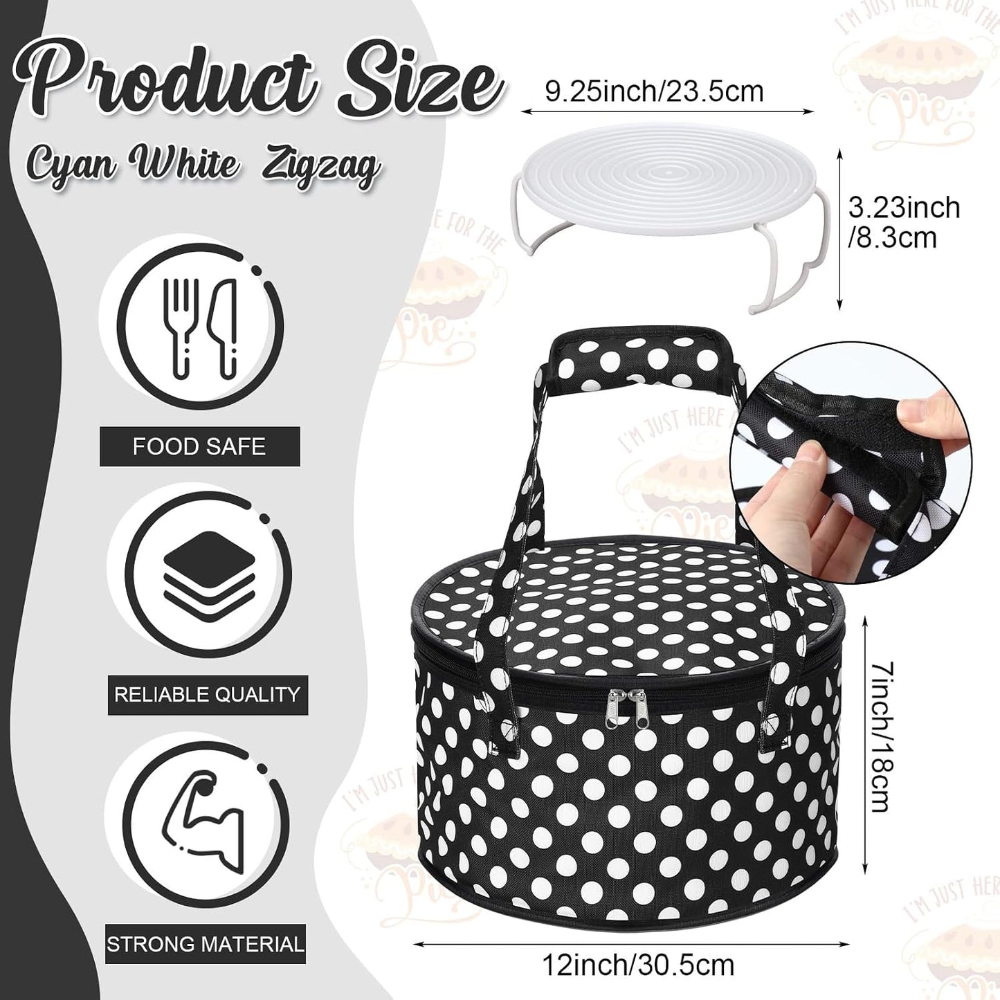 Pickmesh Round Pie Carrier 12 x 7 Inch Insulated Casserole Carriers with Lid and Detachable Handle for Hot or Cold Food Cake Transport Thanksgiving Christmas Gift(Cyan White Zigzag)