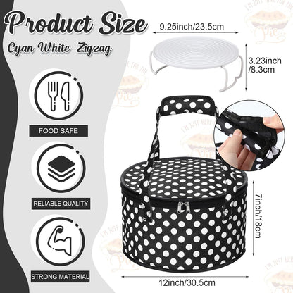 Pickmesh Round Pie Carrier 12 x 7 Inch Insulated Casserole Carriers with Lid and Detachable Handle for Hot or Cold Food Cake Transport Thanksgiving Christmas Gift(Cyan White Zigzag)