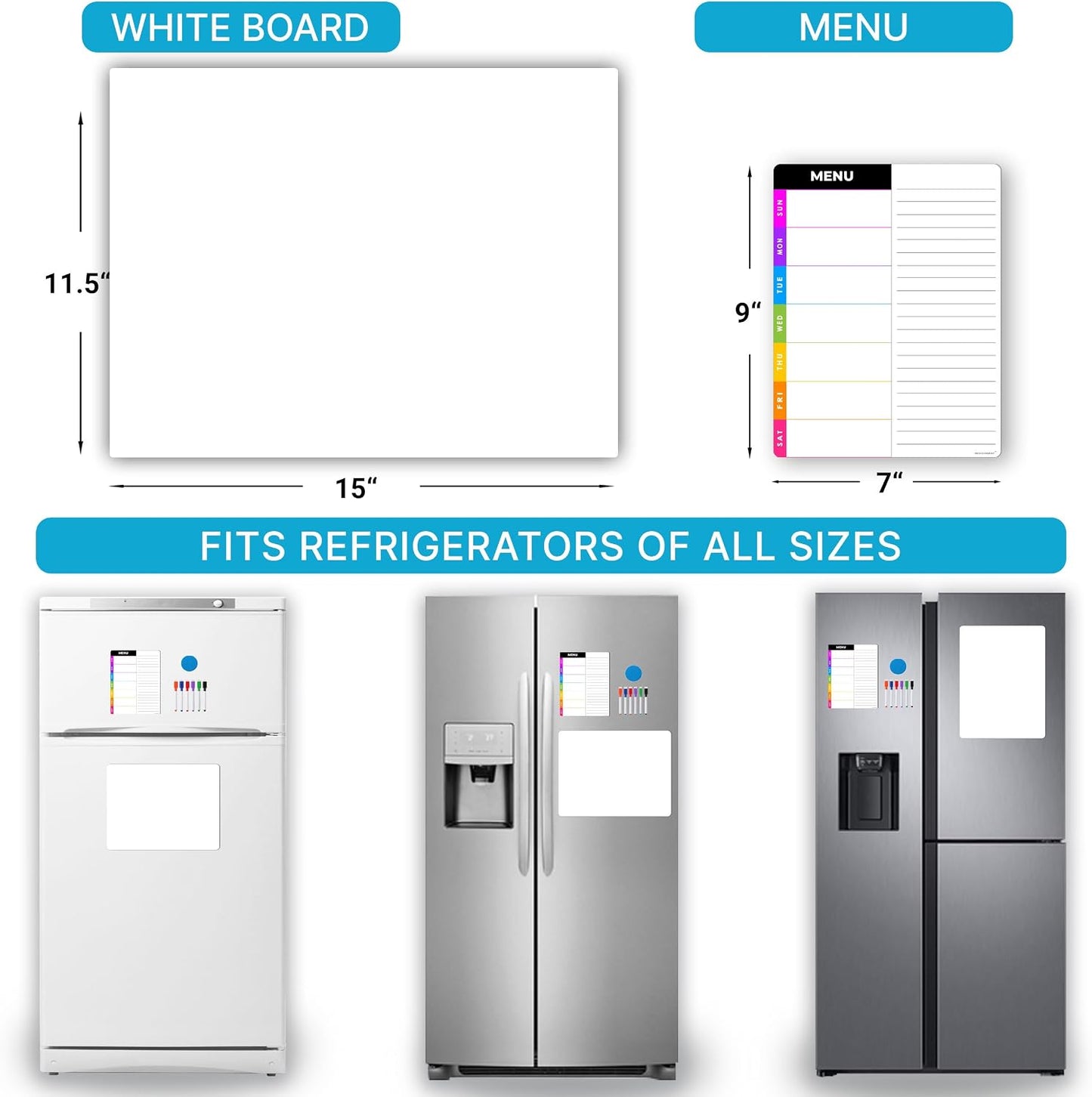 Magnetic Blackboard for Fridge - Dry Erase Black Board for Home, Office & Classroom (11.5" x15”), Menu Board for Kitchen Fridge - Family Meal Planner (7" x9”) - 6 Fine Tip Magnetic Markers & Eraser