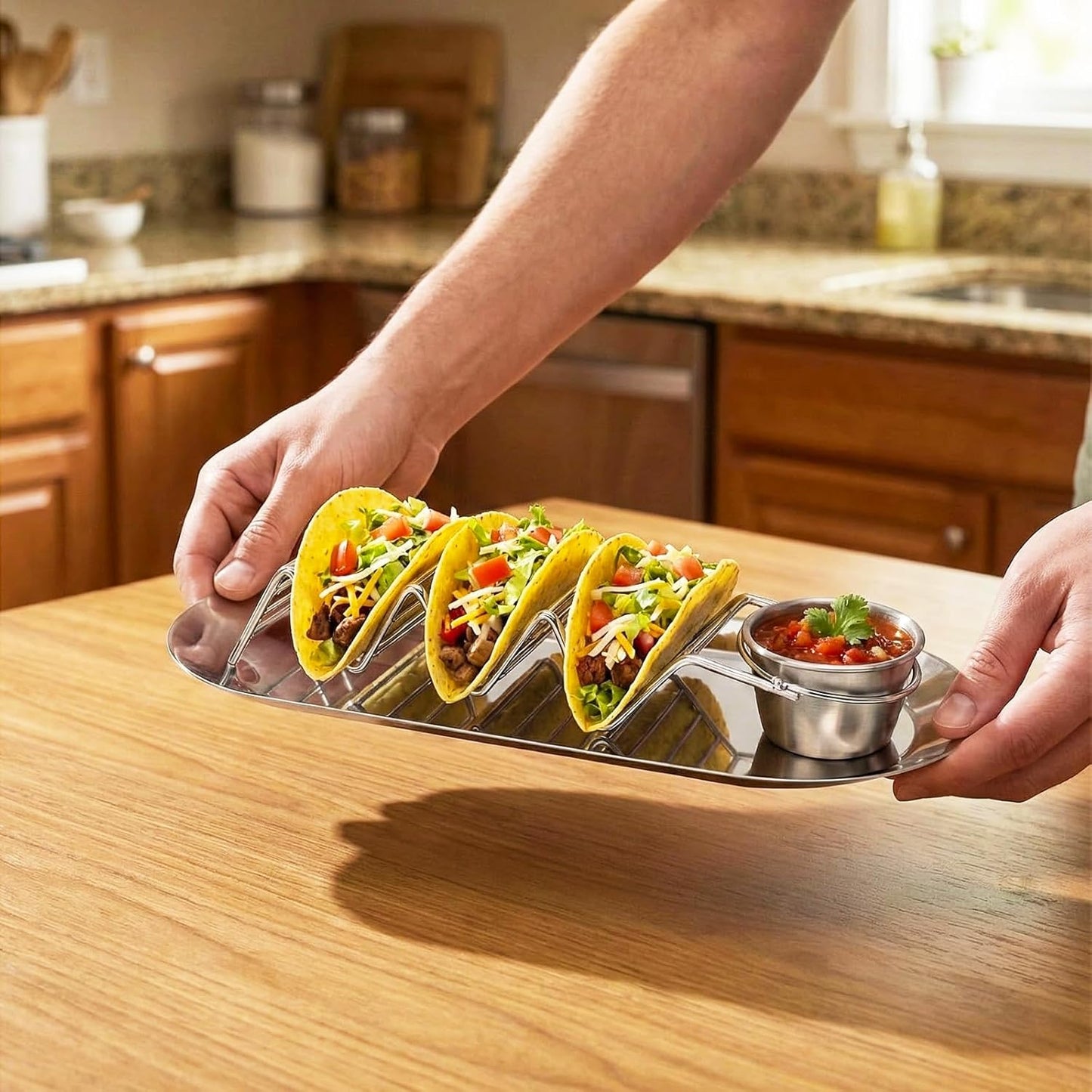 Taco Holders Set of 2 - Stainless Steel Taco Stand Rack with Tray, Sauce Cups & Spoon, for Party, Dishwasher Safety