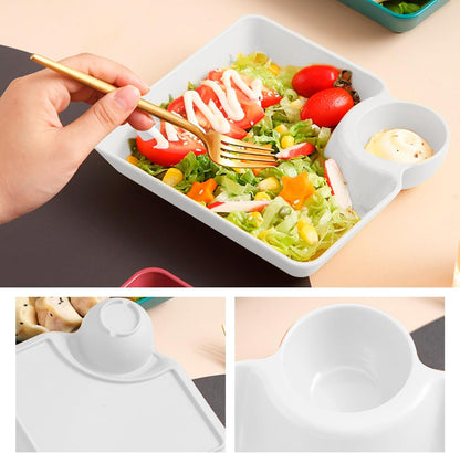4 Pcs Split Party Platter Chips and Dip Serving Dish (5.9"x5.9") Serving Trays for Entertaining with Sauce Holder for Salad Dumpling (White)