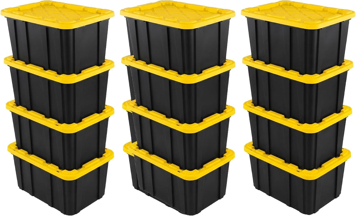 Sterilite 4-Pack 27 Gallon Industrial Storage Tote, Heavy-Duty Plastic Bins, Black/Yellow - Stackable Utility Organizers with Lids for Garage, Camping Tools, and Outdoor Gear