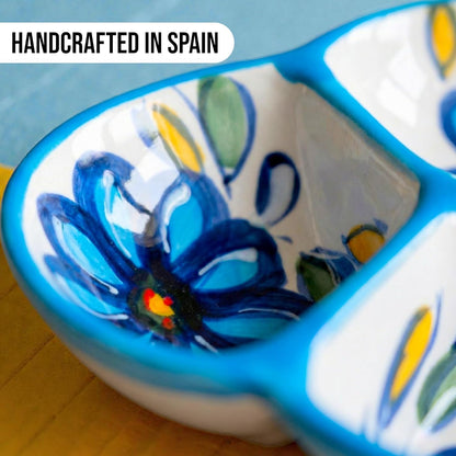 Ceramic Chip & Dip Bowl 7.5”, 3-Compartment Divided Serving Dish & Condiment Tray for Appetizers – Handmade in Spain, Lead-Free Glaze, Microwave, Oven & Dishwasher Safe