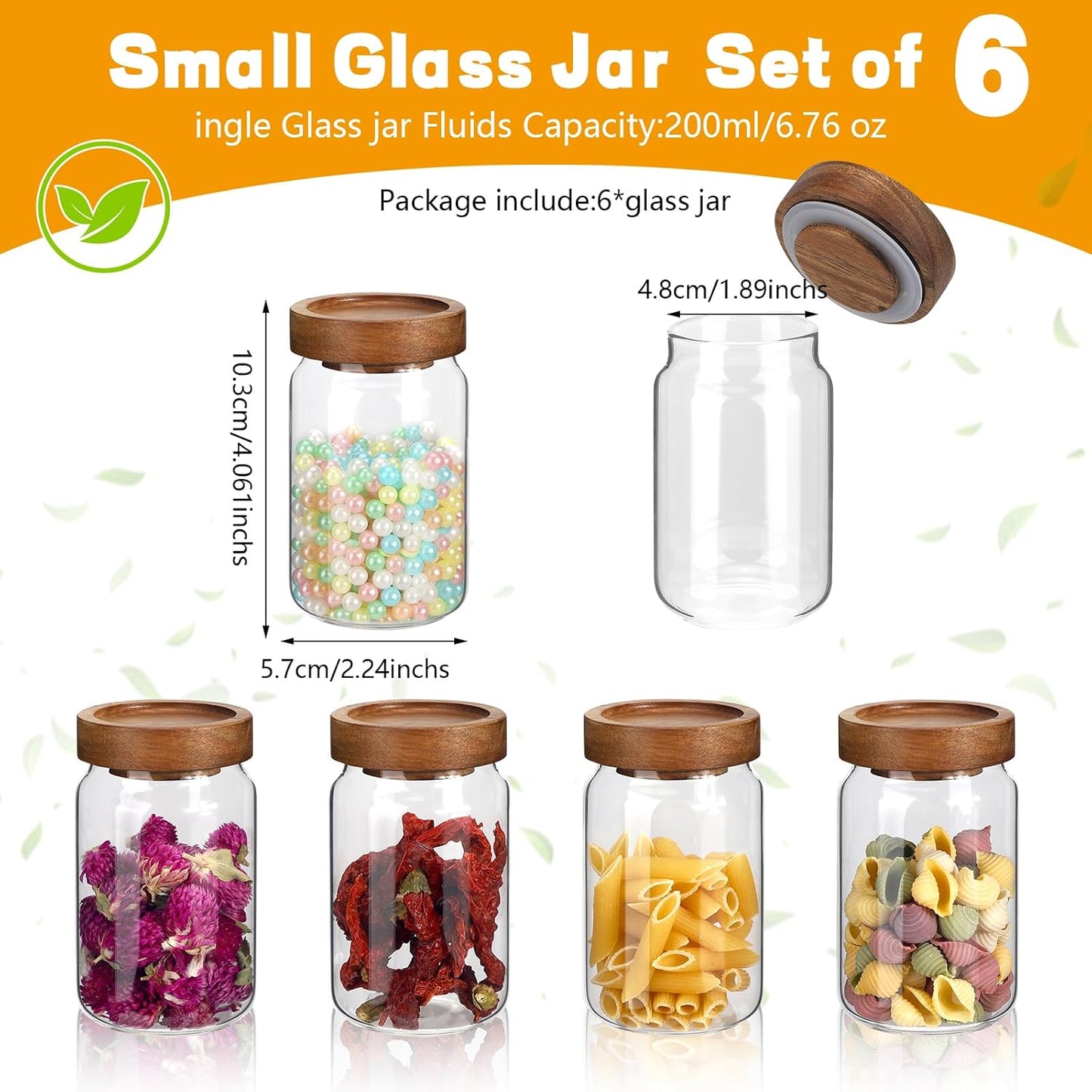 6 pc Glass Spice jars Glass Jars with Screw Lid 5 oz Acacia Wood Glass Herb Sugar Coffee Bean Ground Container Food Storage Canister for Candy Pantry Tea Seasoning Meal Prep Snack (6*150ml(5oz))