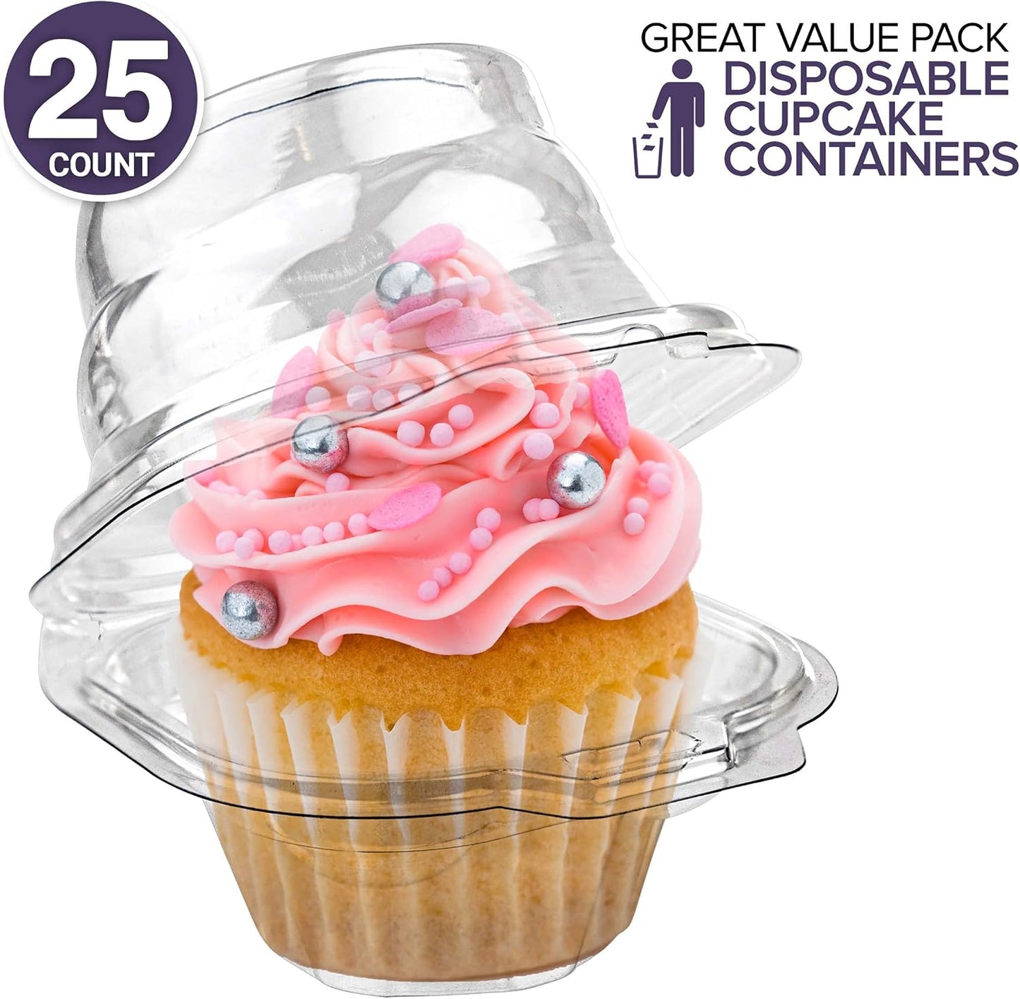 Stock Your Home Individual Plastic Cupcake Containers Disposable with Connected Airtight Dome Lid (100 Count) Clear Single Cupcake Container, BPA Free