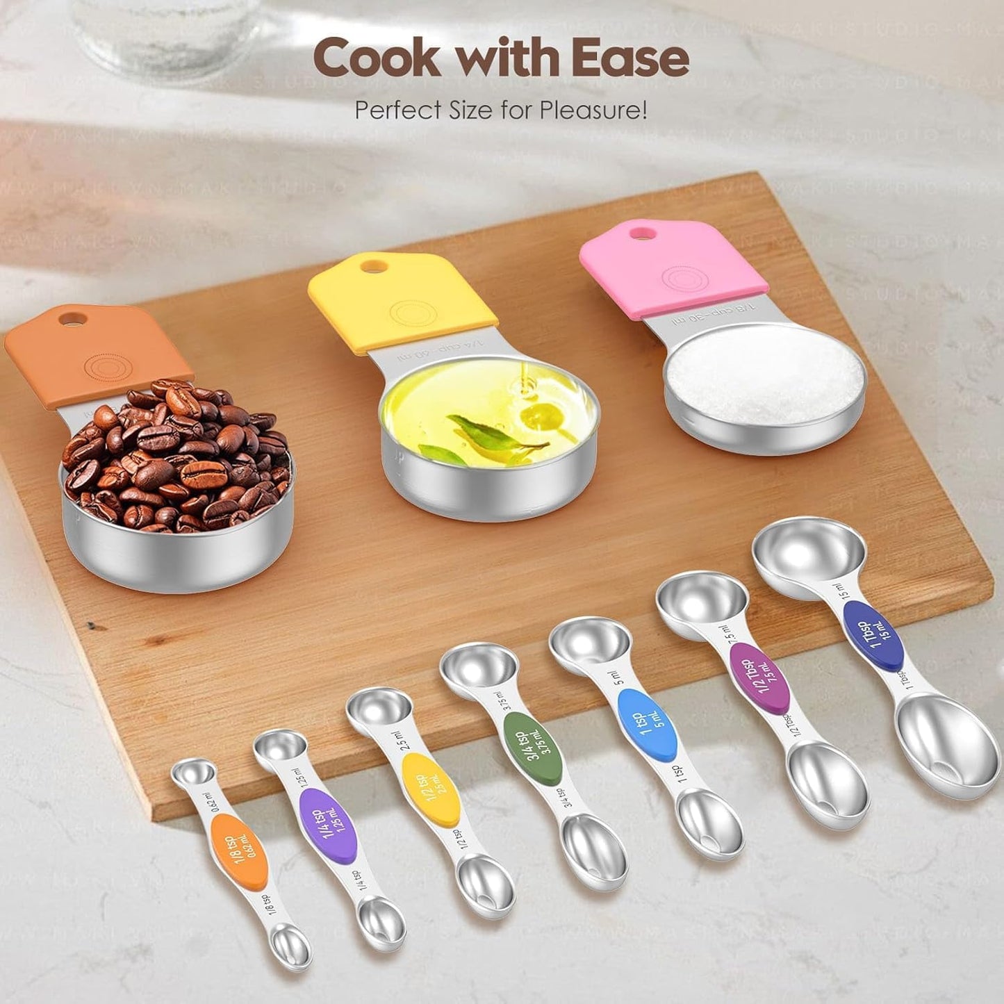 Magnetic Measuring Cups and Spoons Set, N52 Magnetic spoons Nesting Design, 304 Stainless Steel measuring cups, BPA Free, Dual-sided Design Set of 15 with Leveler for Dry & Liquid Ingredients Black