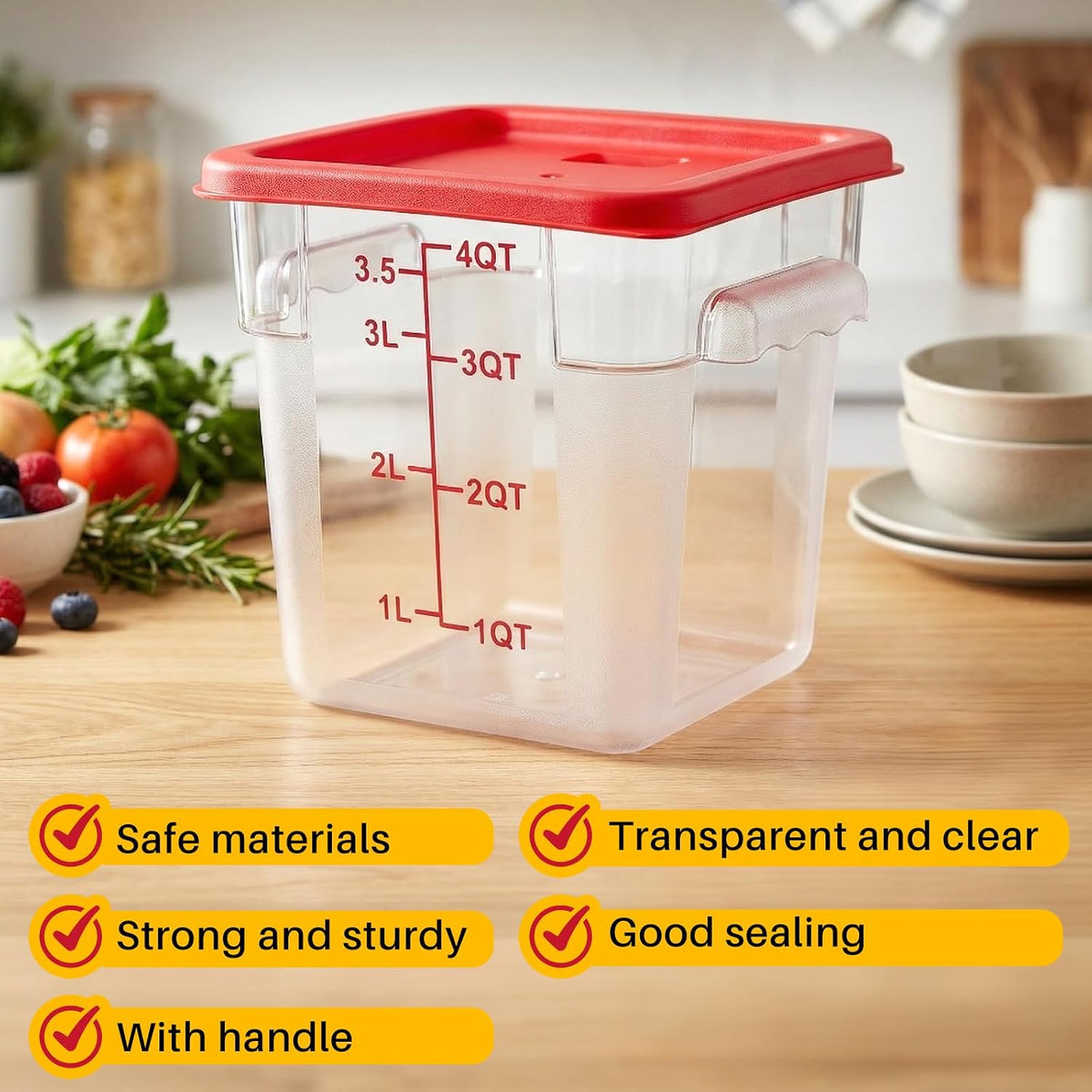 Ziliny 1 Pcs 4 Qt Clear Square Dough Proofing Container with Lid, Red