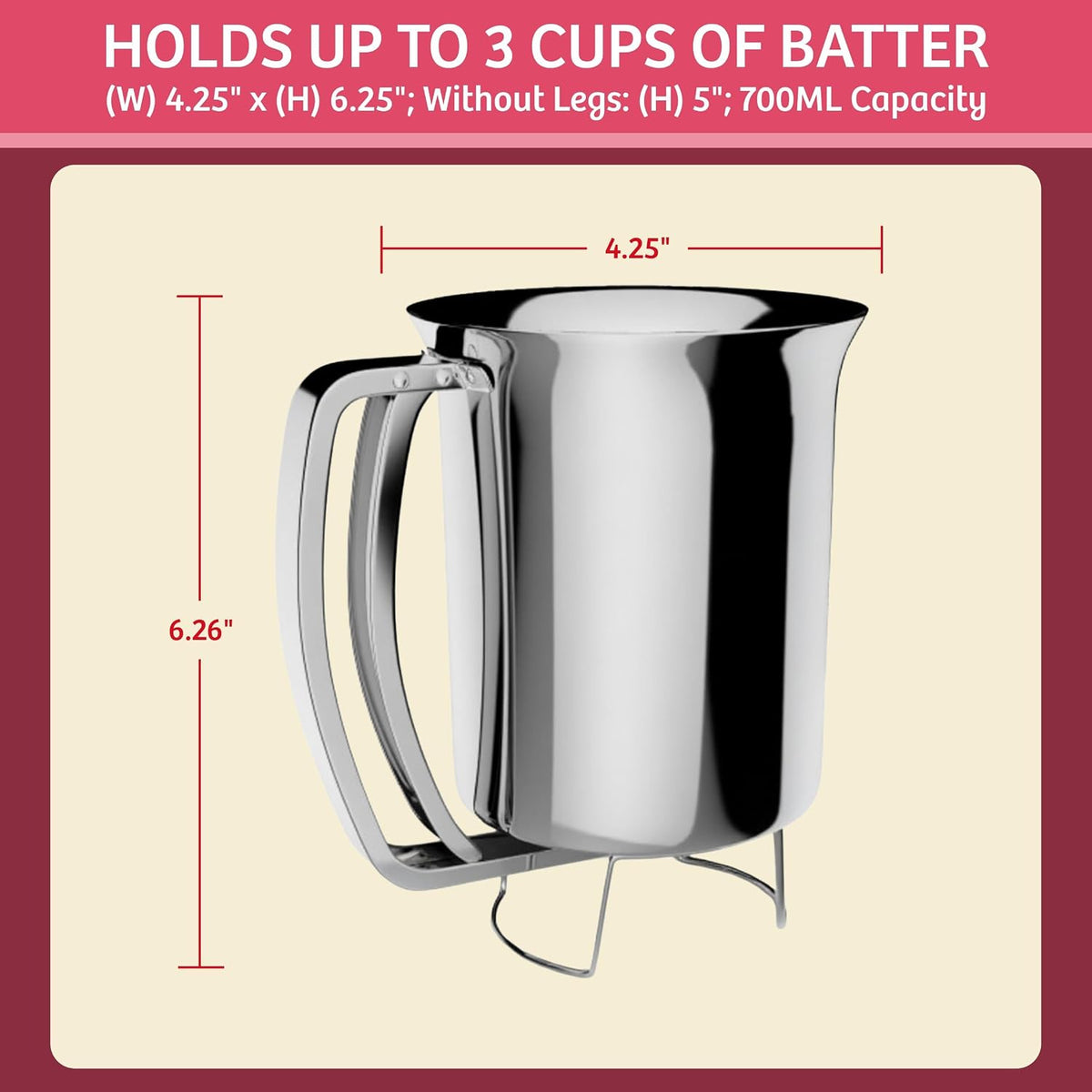 Classic Cuisine Pancake Batter Dispenser, Stainless Steel, 3-Cups