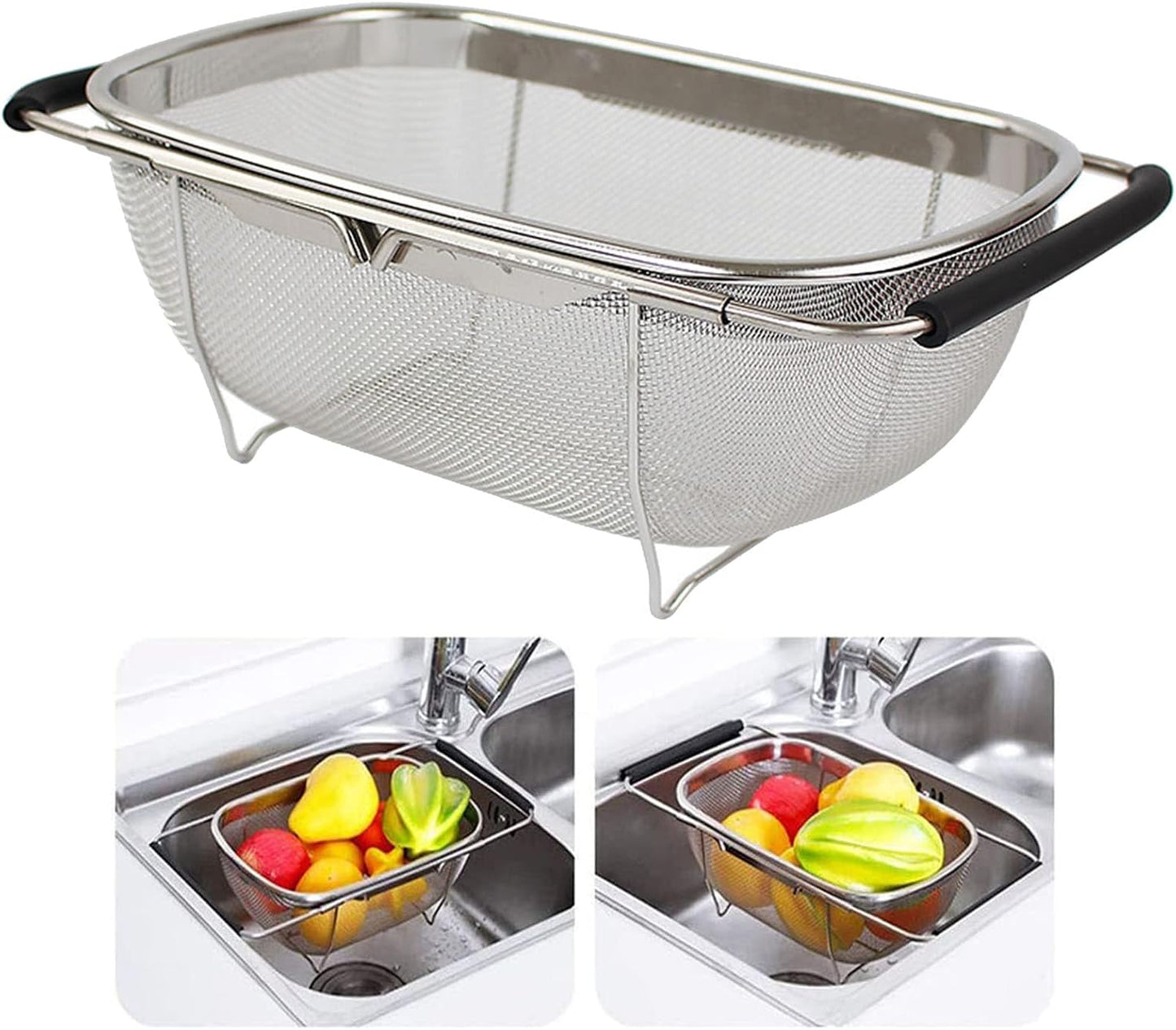 AJIODA Over The Sink Colander, 4 Quarts Stainless Steel Oval Colander with Expandable Rubber Grip Handle, Fine Mesh Strainer Baskets Kitchen Colanders for Strain, Drain, Rinse Vegetable, Fruits, Black