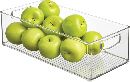 Plastic Stackable Pantry Bin - Organizer Bin with Handles for Cabinets or Fridge - Set of 4 - Clear