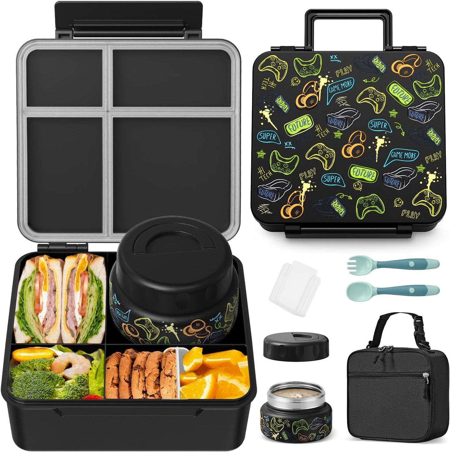 Kids Bento Lunch Box with Thermos, Leakproof Toddler Bento Box with 9 OZ Insulated Food Jar, Lunch Bag & Utensils 3 or 4 Compartment Container for School Girls Boys
