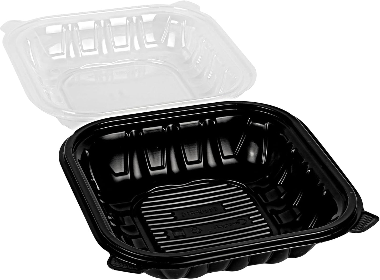 Thermo Tek 40 Ounce Clamshell Containers, 50 Disposable Take Out Boxes - 3 Compartments, Ventilated Lids, Black Plastic Meal Prep Containers, Microwavable, For Pasta Or Salads - Restaurantware
