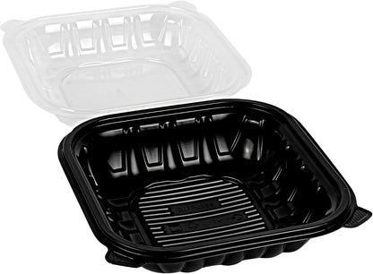Thermo Tek 40 Ounce Clamshell Containers, 50 Disposable Take Out Boxes - 3 Compartments, Ventilated Lids, Black Plastic Meal Prep Containers, Microwavable, For Pasta Or Salads - Restaurantware