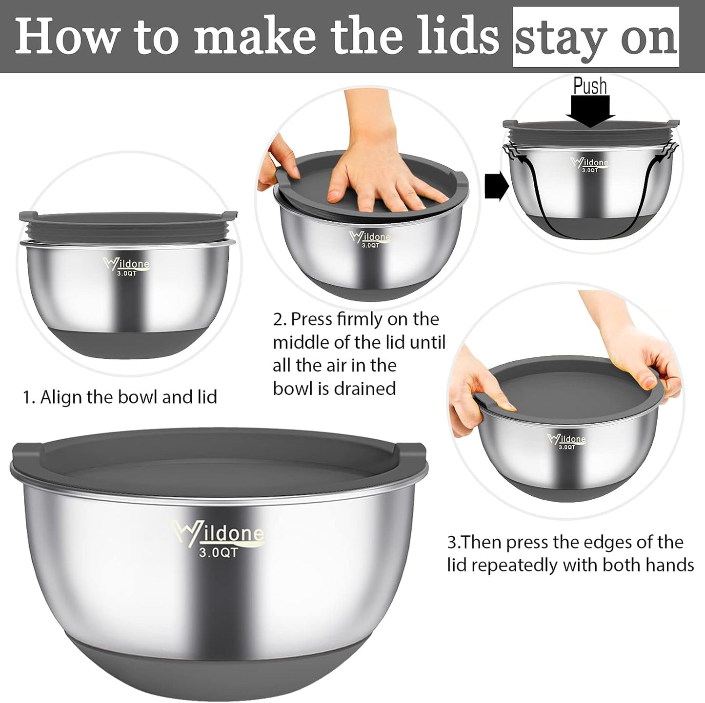 Wildone Mixing Bowls with Airtight Lids, 22 PCS Stainless Steel Nesting Bowls, with 3 Grater Attachments, Scale Marks & Non-Slip Bottom, Size 5, 4, 3, 2,1.5, 0.63QT, Ideal for Mixing & Prepping