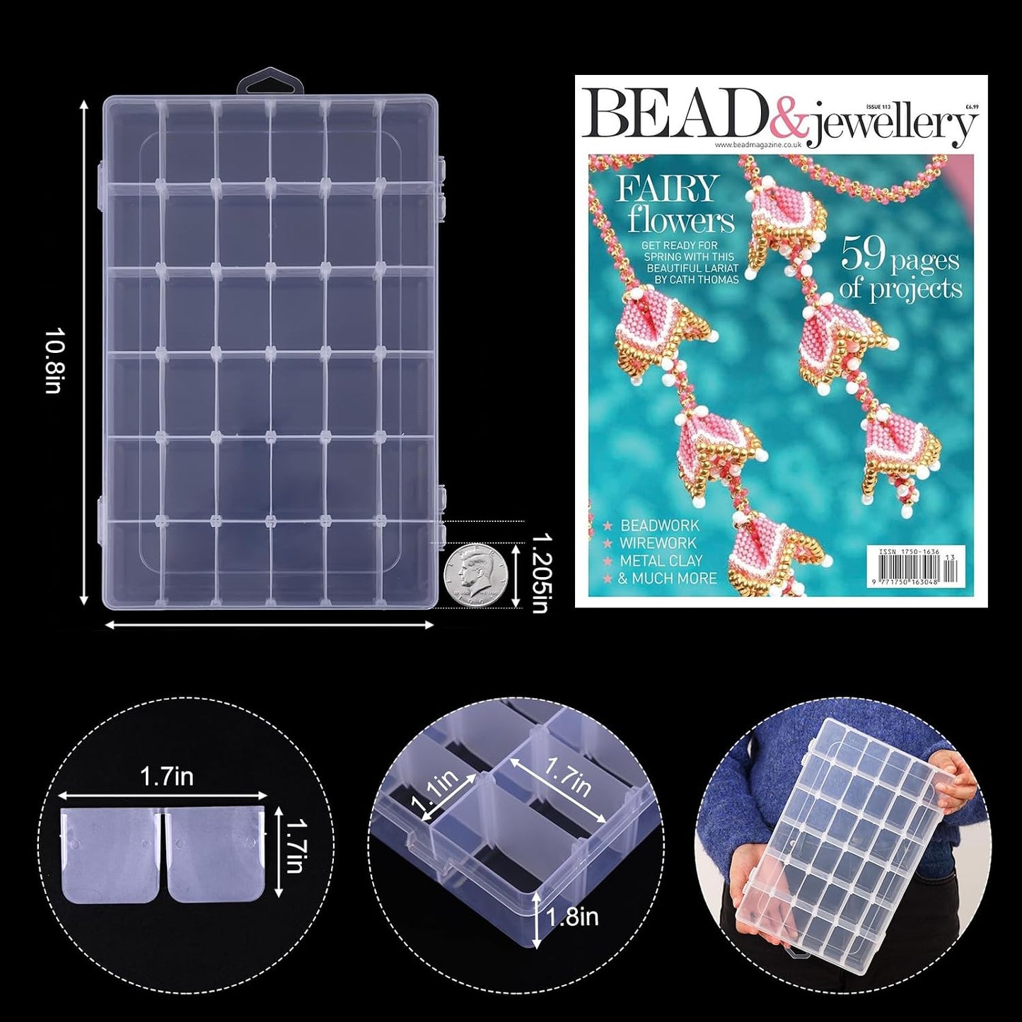 2 Pack Clear Bead Organizer Tackle Box with Adjustable Dividers for Jewelry Art Craft Containers 36 Grids Compartment with 5 Sheets Label Stickers
