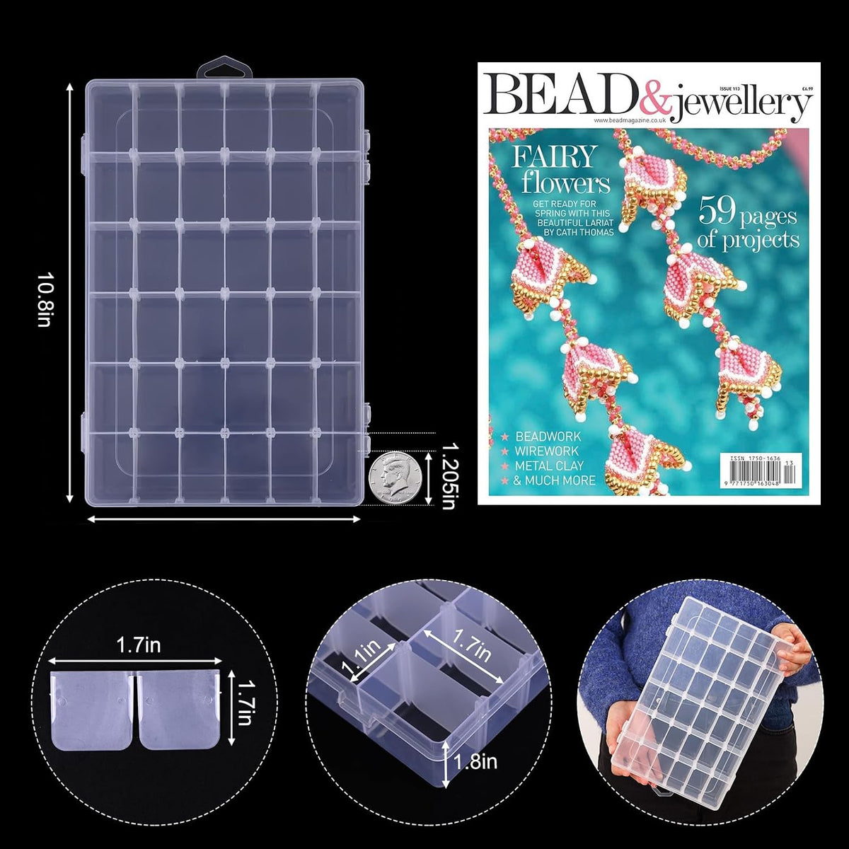 2 Pack Clear Bead Organizer Tackle Box with Adjustable Dividers for Jewelry Art Craft Containers 36 Grids Compartment with 5 Sheets Label Stickers