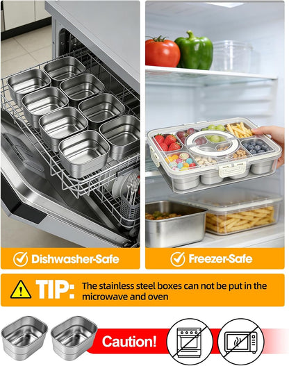 WanshengLe 6 in 1 Snackle Box 3.82L with Lid & Handle, 4 PCS Stainless Steel Snack Box and 2 PCS Plastic Box, 6 Detachable & Dishwasher Safe Snacklebox, Divided Container Box for Snack Fruit Nut