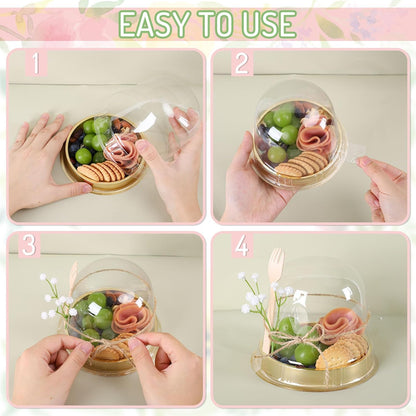 Whaline 50 Sets Disposable Individual Charcuterie Cup Clear Plastic Round Cake Boxes with Dome Lids Mini Wooden Spork Rope for Outdoor Snack Packing Open Houses Gatherings Wedding Party Event