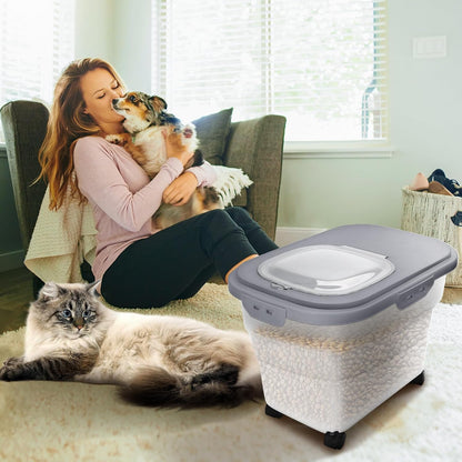 Dog Food Container, Collapsible Pet Food Storage Container 17-20 lb with Rolling Wheels & Airtight Lid, Plastic Storage Bin With Dog Food Scoop and Measuaring Cups