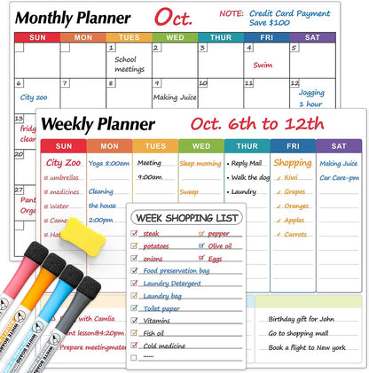 Dry Erase Magnetic Calendar for Refrigerator, 3 Pack- Monthly & Weekly & Daily Planner Magnet Whiteboard for Fridge Wall Door - Shopping, Meal/Menu, to Do List, Family Schedule Planning Board (C)