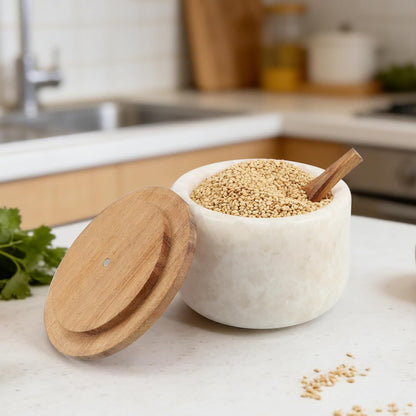 Salt and Pepper Spice Cellar, Marble Container for Coffee, Sugar, Spices and Candies, With Built-in Magnetic Attraction Spoon and Acacia Wood Lid, 6.5 oz (Snowflake White)