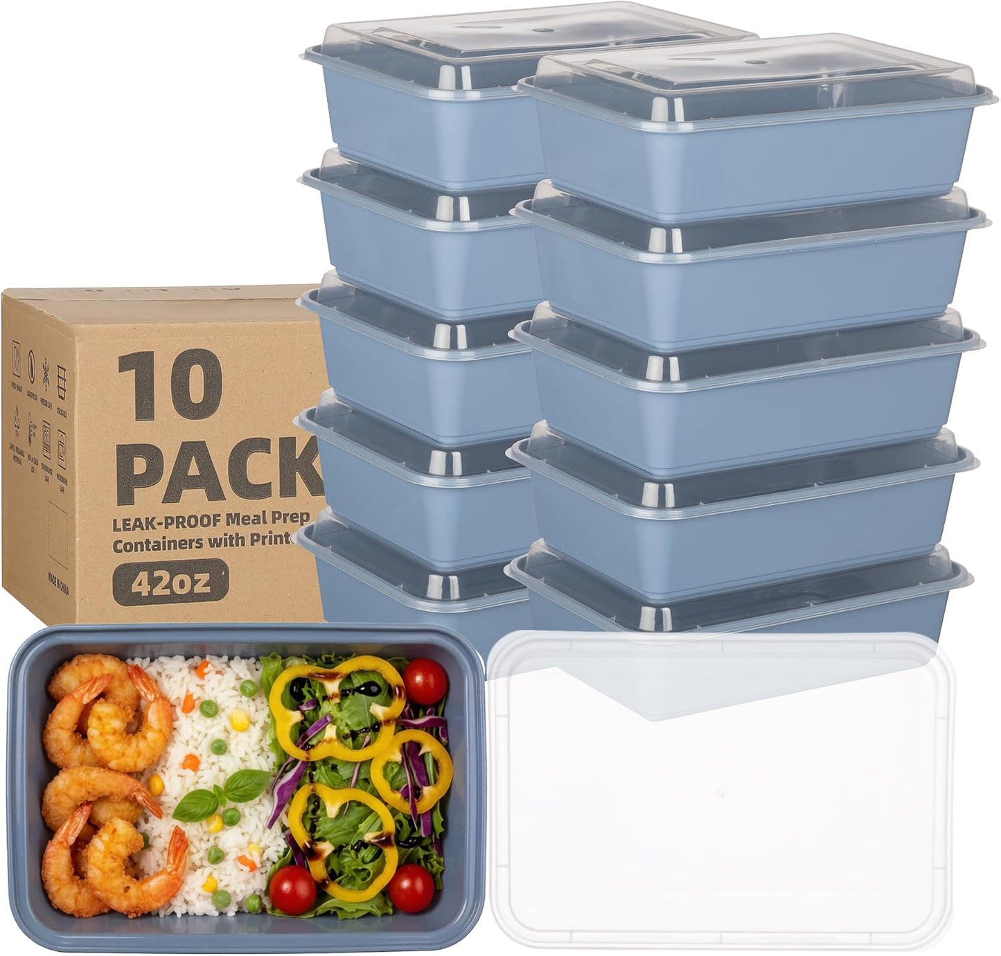 10 Pack 42 oz Meal Prep Containers, Reusable Plastic Food Prep Storage Containers with Printed Lids, Stackable, Leakproof, Microwave & Freezer & Dishwasher Safe,To Go Take Out Box