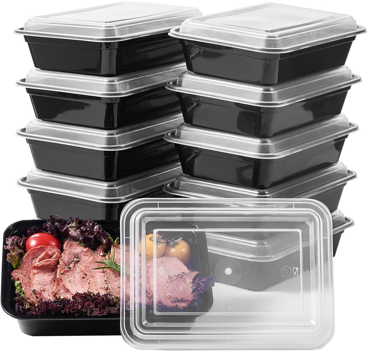 FULING 32 oz 50 ct Round Meal Prep Containers with Lids Plastic Food Storage Lunch Plan To Go Box Disposable Take Out Bowls Black BPA Free Reusable Durable Stackable Microwave Freezer Dishwasher Safe