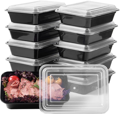 FULING 32 oz 50 ct Round Meal Prep Containers with Lids Plastic Food Storage Lunch Plan To Go Box Disposable Take Out Bowls Black BPA Free Reusable Durable Stackable Microwave Freezer Dishwasher Safe