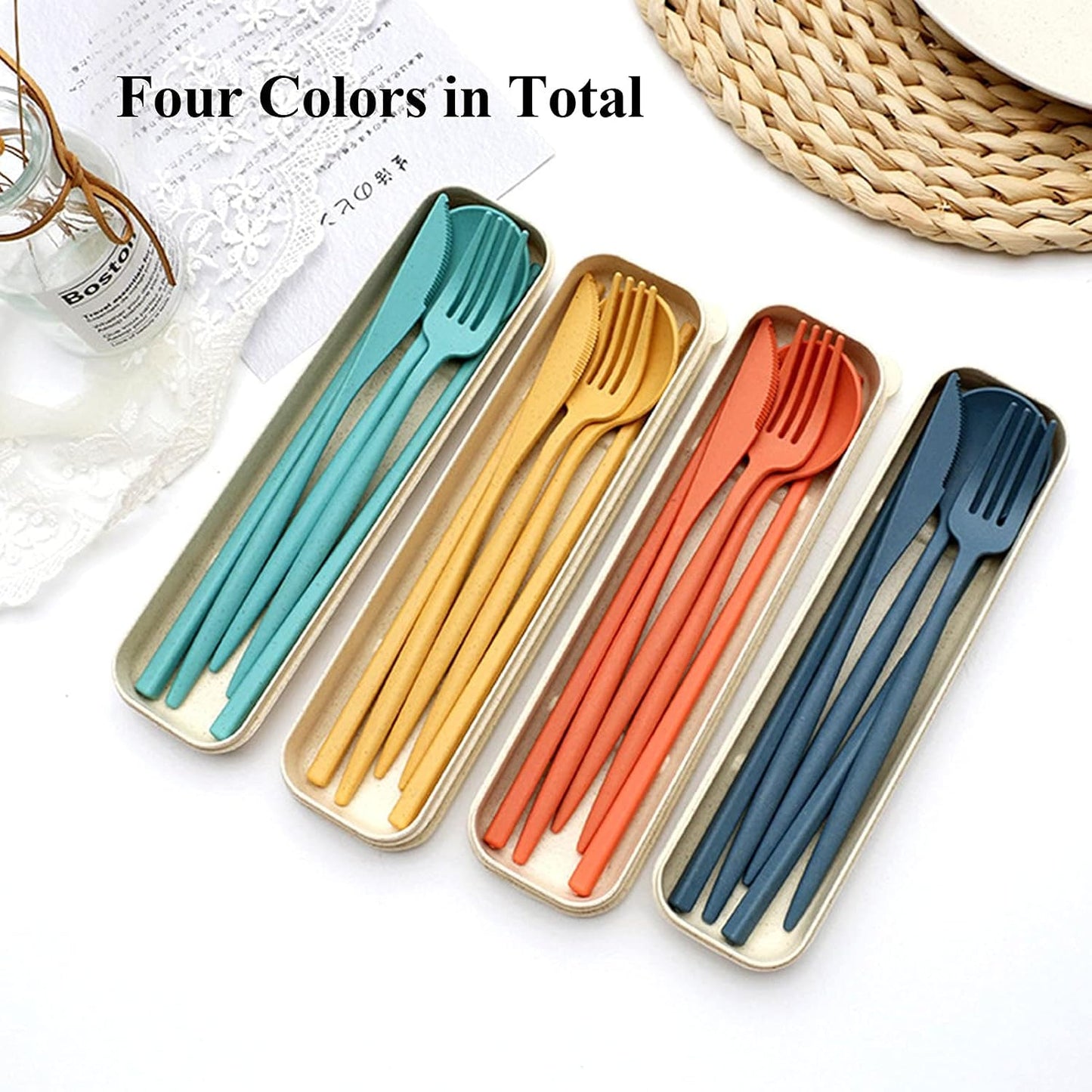 HAGBOU Plastic Travel Utensils, 4 Sets Spoons and Forks Set Silverware, Portable Reusable Utensils with Case for Lunch Box, Picnic, Travel, Camping