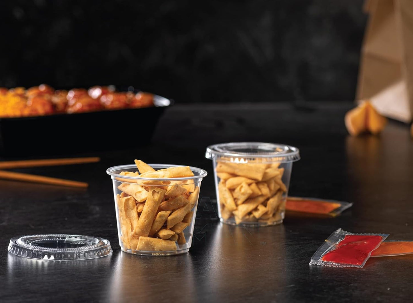 [100 Sets - 5.5 oz.] Plastic Clear Portion Cups, Snack / Yogurt /Parfait/ Pudding / Souffle /Dessert Cups, Disposable Containers with Lids 5.5oz.
