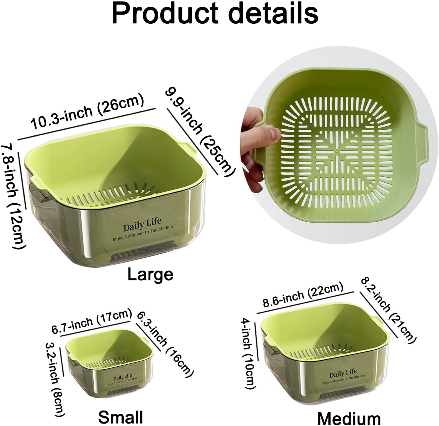 3 Pcs Set Double-Layer Plastic Colander, Large Capacity Food Strainers, Fruits Vegetable Washing Draining Basket, Detachable and Stackable Multi-Layer Strainer Bowl, Easy to Clean for Kitchen (Brown)