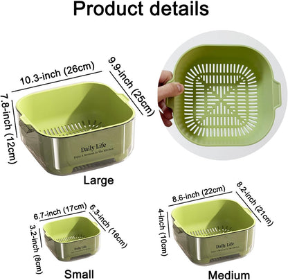 3 Pcs Set Double-Layer Plastic Colander, Large Capacity Food Strainers, Fruits Vegetable Washing Draining Basket, Detachable and Stackable Multi-Layer Strainer Bowl, Easy to Clean for Kitchen (Brown)