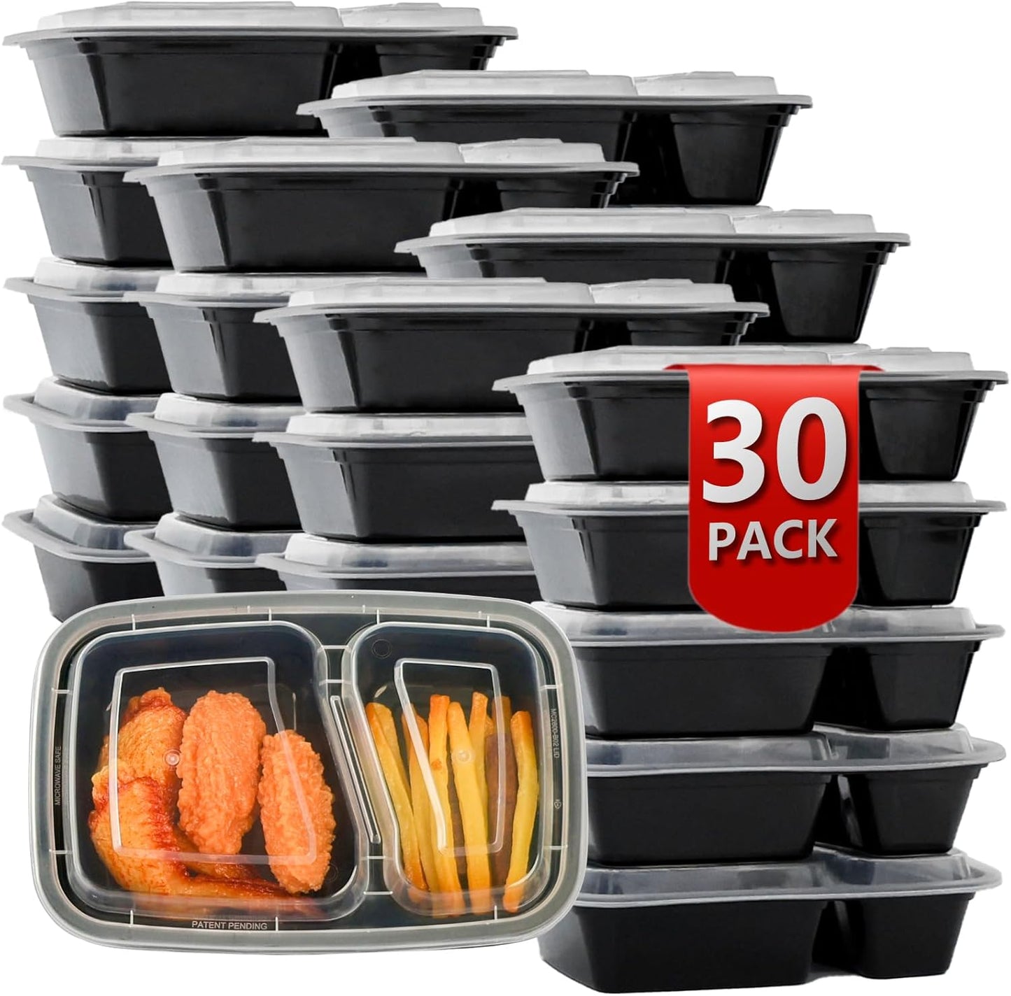 Meal Prep Containers 2 Compartment 15 Pack, 28 oz Divided Reusable Food Storage Containers with Lids Takeout Food Storage Containers Black, Microwave Dishwasher Freezer Safe, Stackable, BPA Free