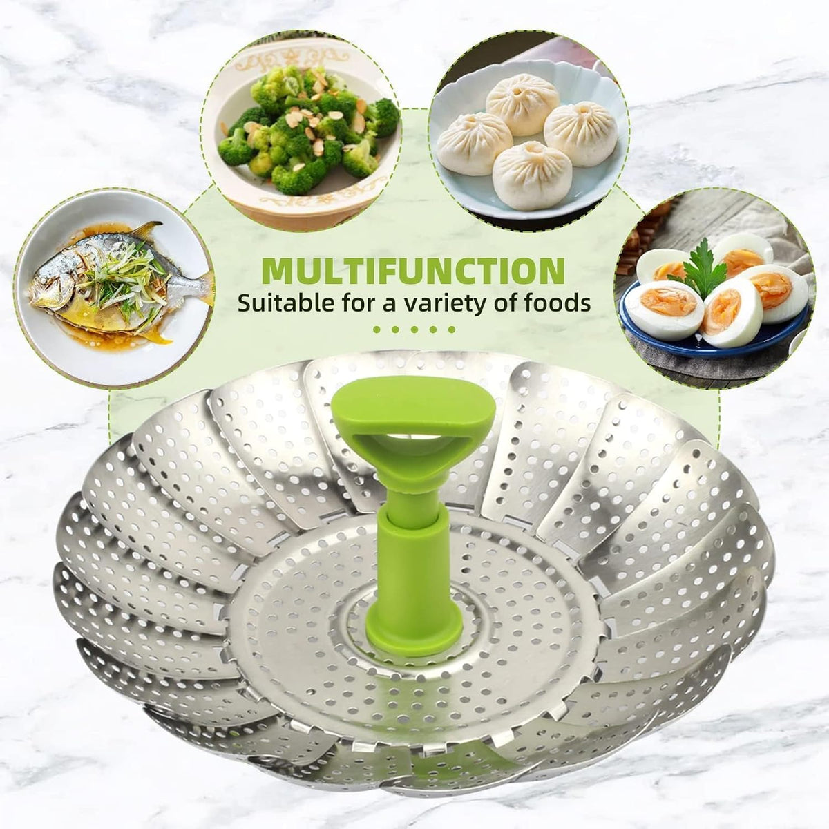 Folding Stainless Steel Steamer Basket (7-11 Inches) with Heat Resistant Handle - Ideal for Cooking Seafood, Vegetables, Fruits - Expandable and Easy to Clean - Dishwasher Safe