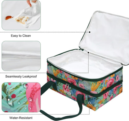 Double Decker Insulated Casserole Carrier, Expandable Thermal Food Warmer Bag Fits 9x13 Dish, Leak-Proof Potluck Lasagna Holder with Utensil Pocket for Picnic Party Cookout (Blue)