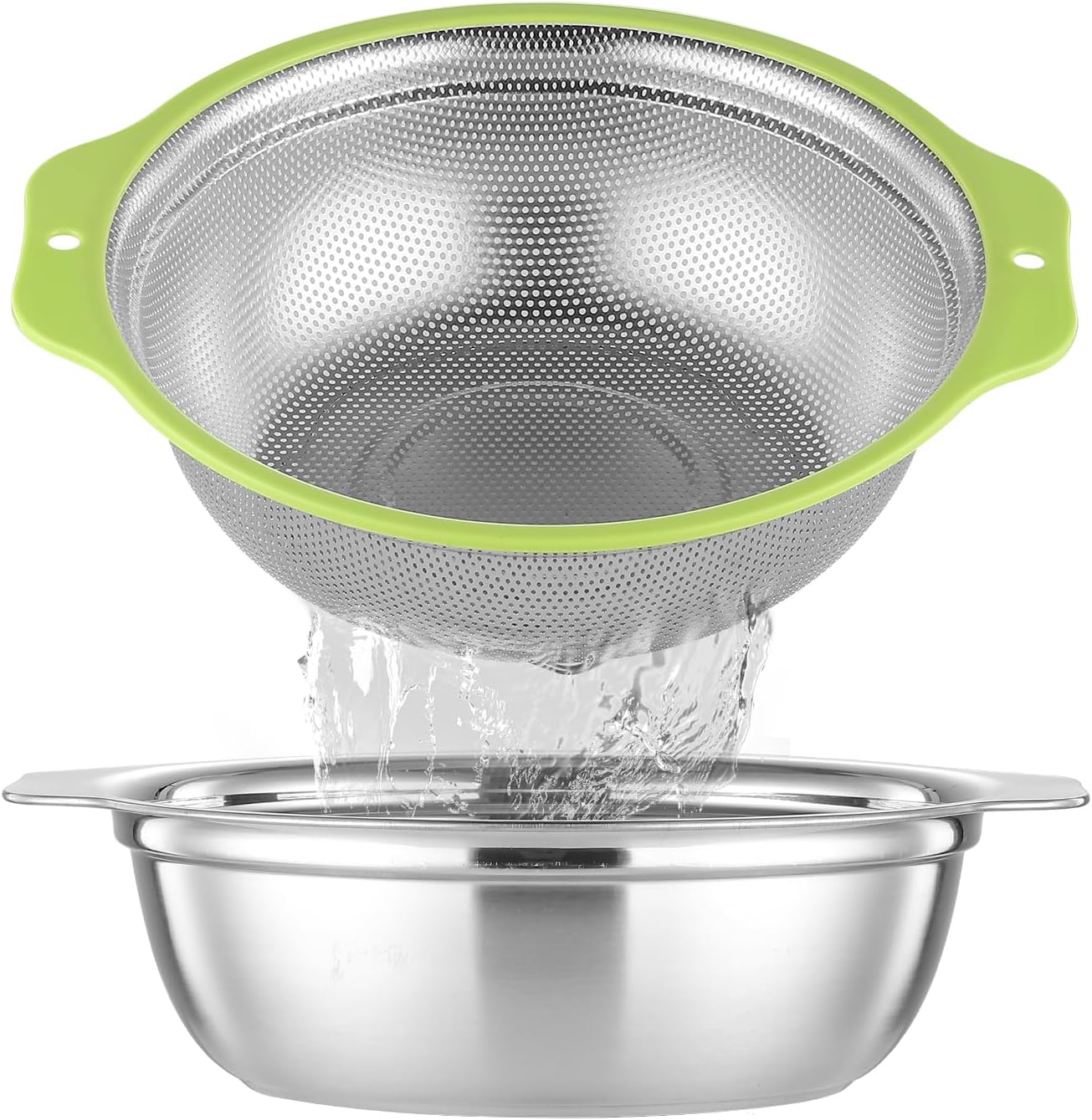 Colander Stainless Steel Microporous, 5QT Large Capacity Rice Washer with Mixing Bowl, 12.5’’Rice Strainer Bowl Set with Handle, Food-Grade Strainers and Colanders for Washing Rice, Pasta