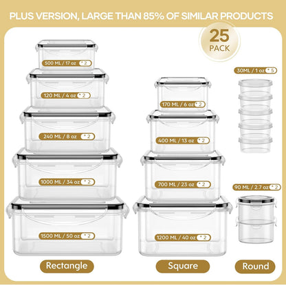 HOMETALL 50-Piece Food Storage Containers with Lids (25 Containers & 25 Lids), Airtight Reusable Meal Prep Containers for Lunch, Plastic Kitchen Storage Containers with Labels & Marker Pen