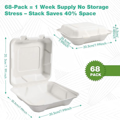 𝟴𝘅𝟴", 𝟲𝟴-𝗣𝗮𝗰𝗸 3-Compartment Clamshell Takeout Containers, 100% Compostable Heavy-Duty Disposable Paper Lunch Boxes(White)