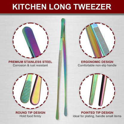 12 Inch & 10 Inch Fine Long Tweezers Tongs Stainless Steel, Rainbow Professional Kitchen Tweezers Tongs for Cooking, BBQ, Plating, Repairing (Pack of 4)