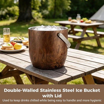 Double-Walled Stainless Steel Ice Bucket with Lid, 7.09 x 7.01 in, Wood Grain Insulated Ice Container with Scoop, Tongs, Strainer, for Home Bar, Parties
